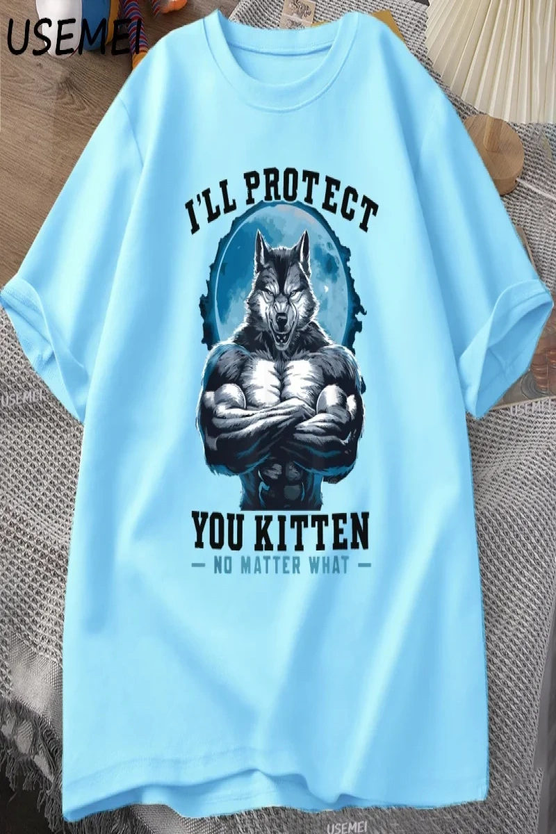 Seni koruyeceğim yavru kedi olursa olsun t-shirt erkekler komik kurt T Shirt yaz Tees Tops pa 3064