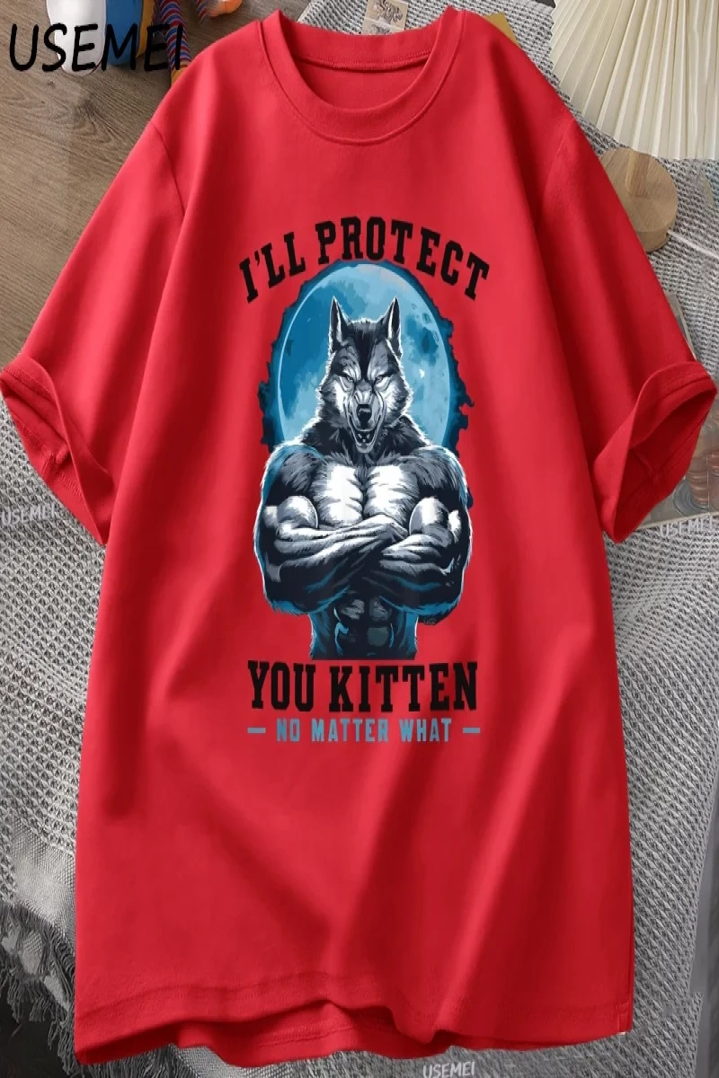 Seni koruyeceğim yavru kedi olursa olsun t-shirt erkekler komik kurt T Shirt yaz Tees Tops pa 3064