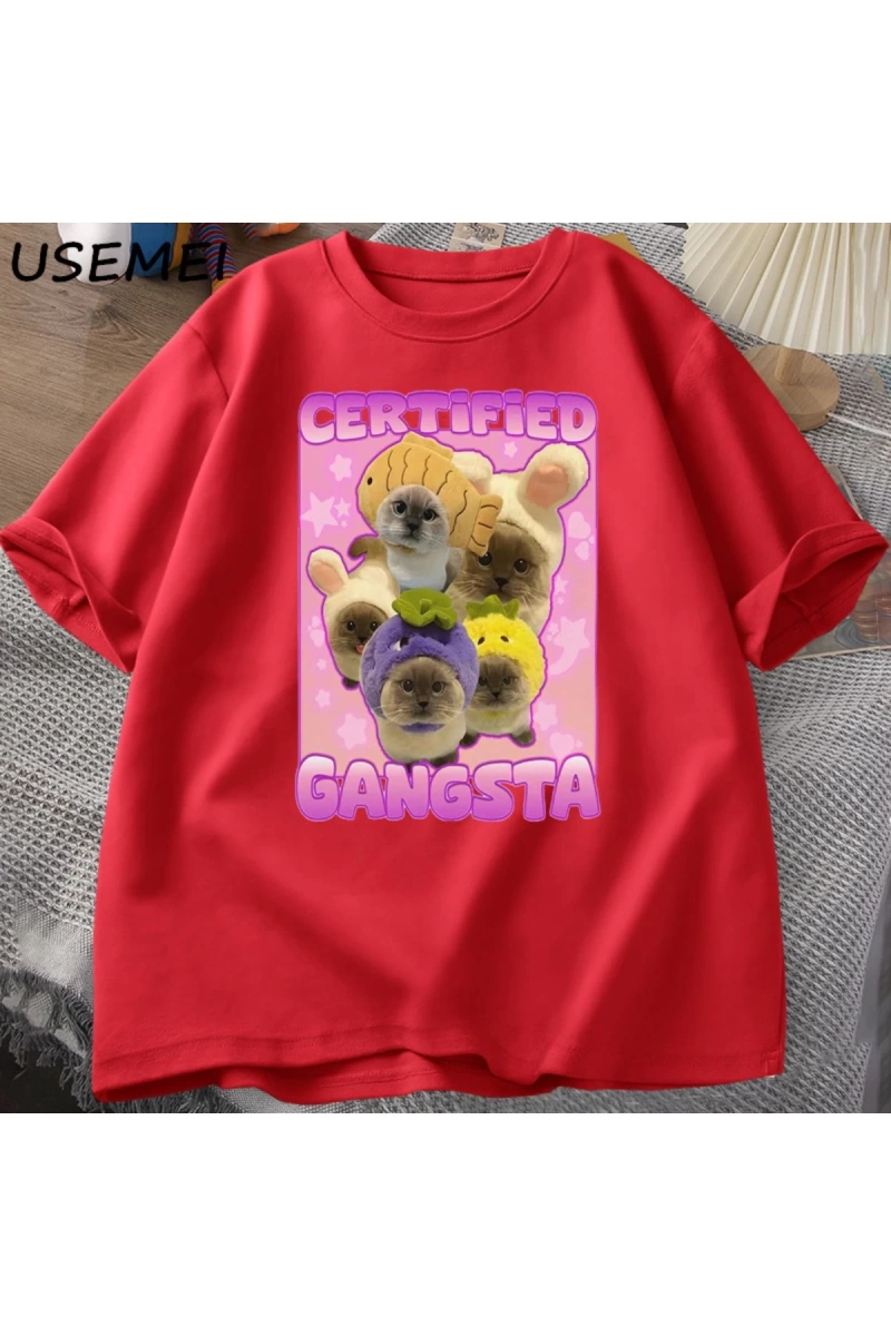 Sertifikalı Gangsta komik kedi Meme T-shirt Goofy Tee Tee aptal kediler Tshirt boy erk