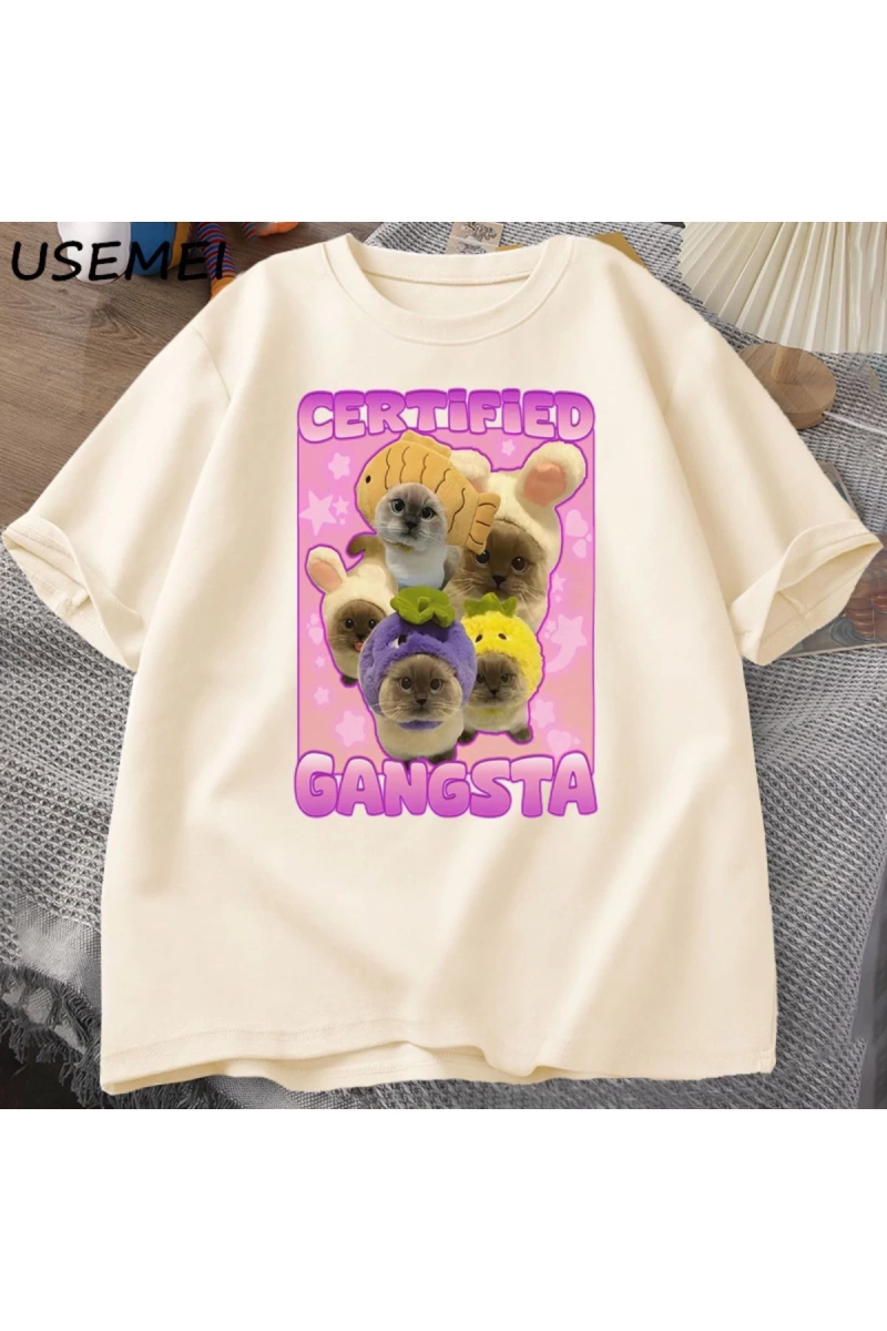 Sertifikalı Gangsta komik kedi Meme T-shirt Goofy Tee Tee aptal kediler Tshirt boy erk