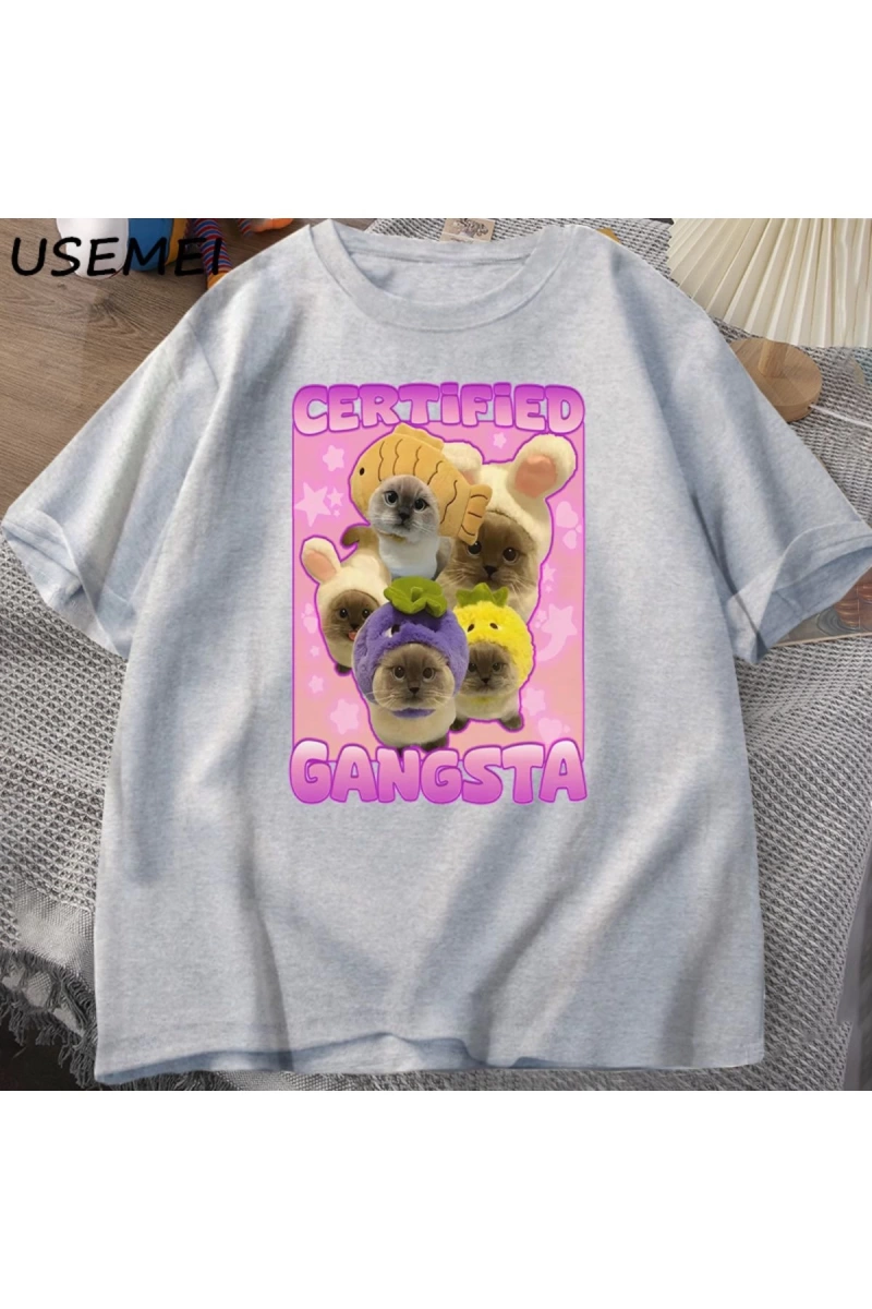 Sertifikalı Gangsta komik kedi Meme T-shirt Goofy Tee Tee aptal kediler Tshirt boy erk