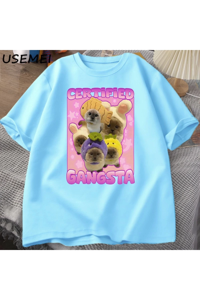 Sertifikalı Gangsta komik kedi Meme T-shirt Goofy Tee Tee aptal kediler Tshirt boy erk