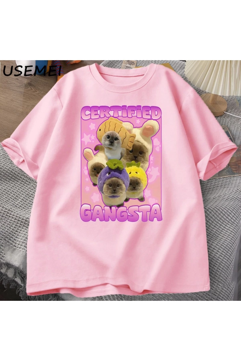 Sertifikalı Gangsta komik kedi Meme T-shirt Goofy Tee Tee aptal kediler Tshirt boy erk