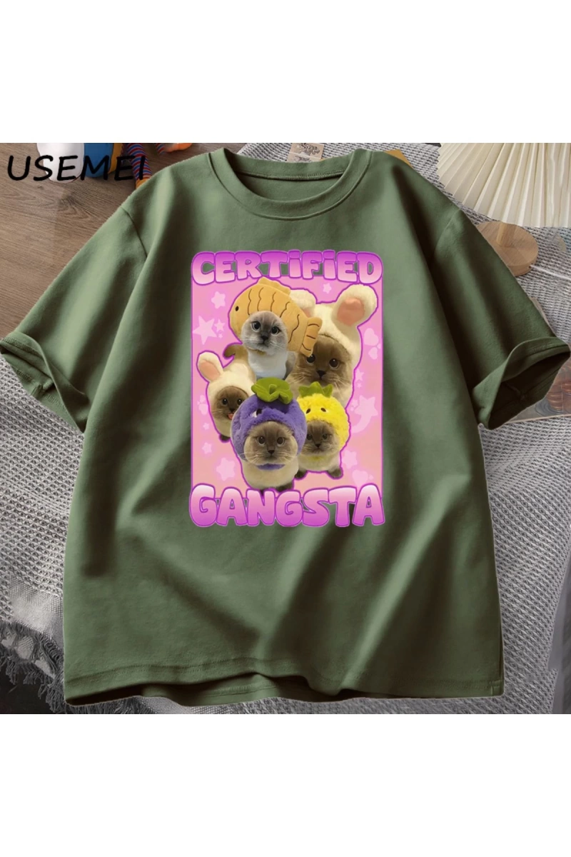 Sertifikalı Gangsta komik kedi Meme T-shirt Goofy Tee Tee kediler Tshirt boy