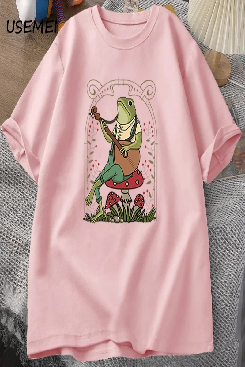 Sevimli Cottagecore kurbağa oynayan Banjo T Shirt erkek kadın pamuk komik mantar core core T  2844