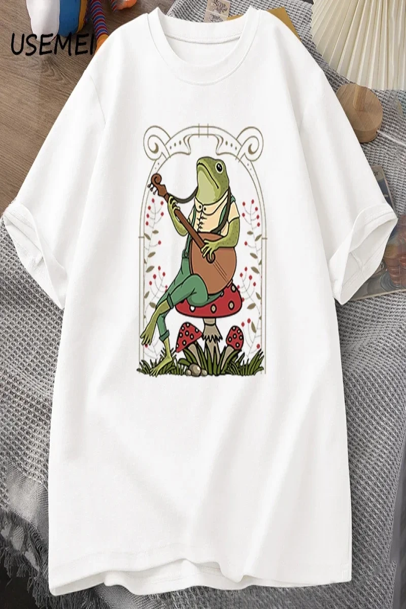 Sevimli Cottagecore kurbağa oynayan Banjo T Shirt erkek kadın pamuk komik mantar core core T  2844