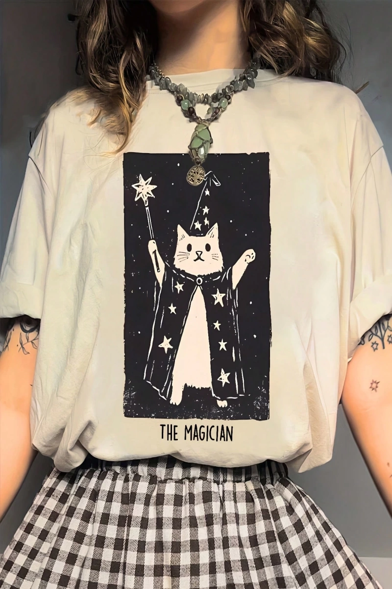 SHEIN MOOSTA 1 parça WhimsyCat Polyester Günlük Tişört, Yuvarlak Yaka Alfabe Desenli, Normal