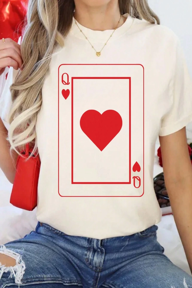 SHEIN MOOSTA Sevgililer Günü Kırmızı Kalp Baskılı Kısa Kollu Günlük Tişört