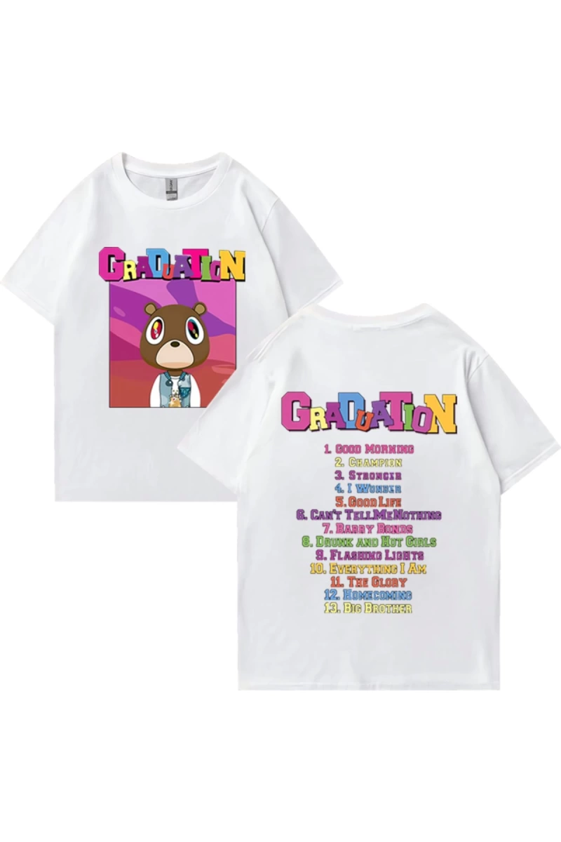Sıcak Kanye West Mezuniyet Grafik T Shirt Erkek Kadın Moda klasik Üstleri Büyük Boy Tee kısa