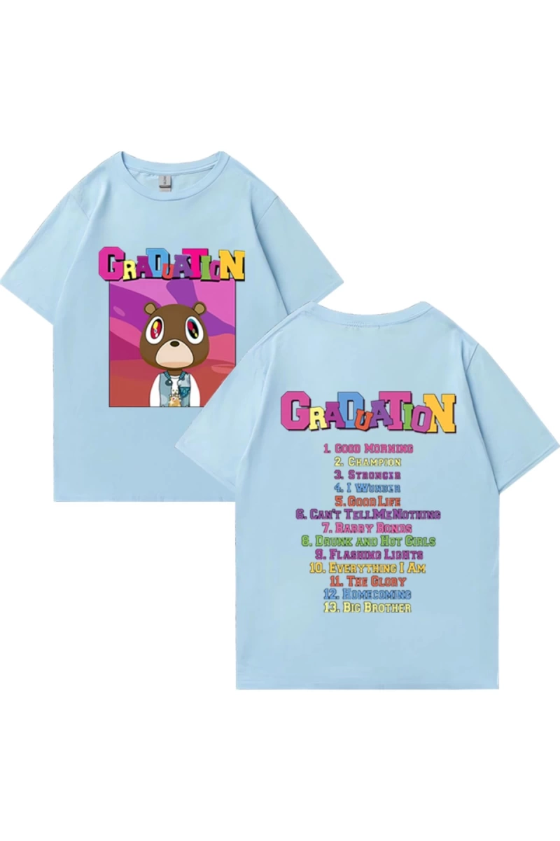 Sıcak Kanye West Mezuniyet Grafik T Shirt Erkek Kadın Moda klasik Üstleri Büyük Boy Tee kısa