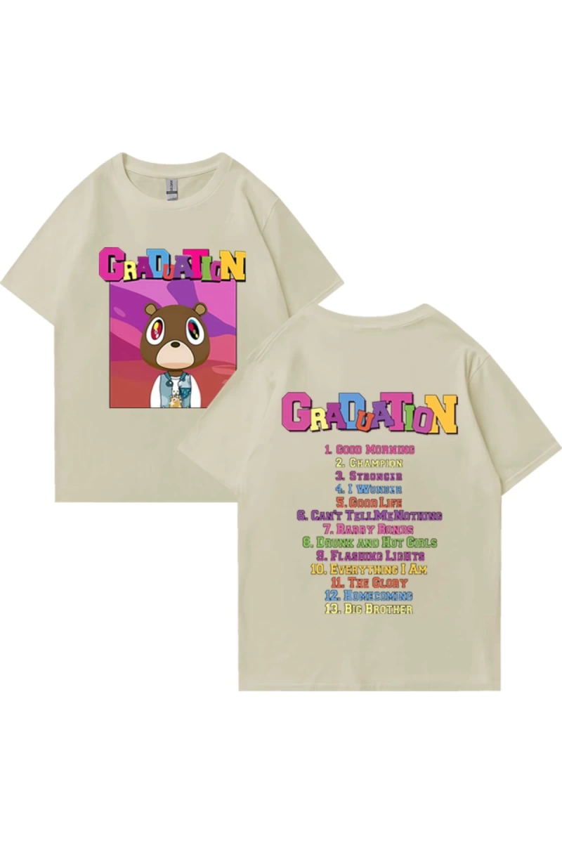 Sıcak Kanye West Mezuniyet Grafik T Shirt Erkek Kadın Moda klasik Üstleri Büyük Boy Tee kısa