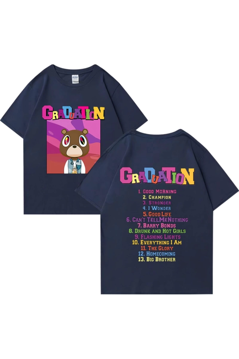 Sıcak Kanye West Mezuniyet Grafik T Shirt Erkek Kadın Moda klasik Üstleri Büyük Boy Tee kısa
