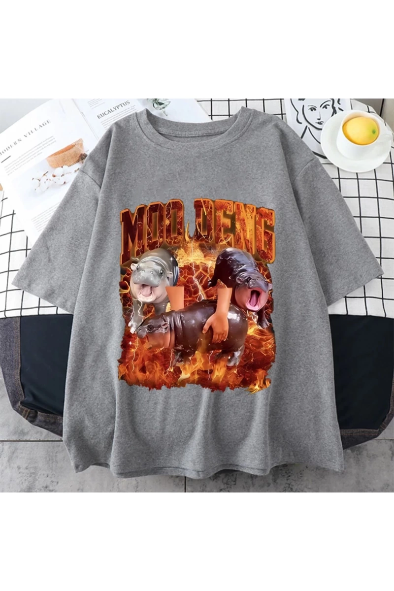 Sıcak Vintage bebek Hippo Moo Deng tutun ben aşırı uyarılmış komik Meme T-Shirt erkek kadın T