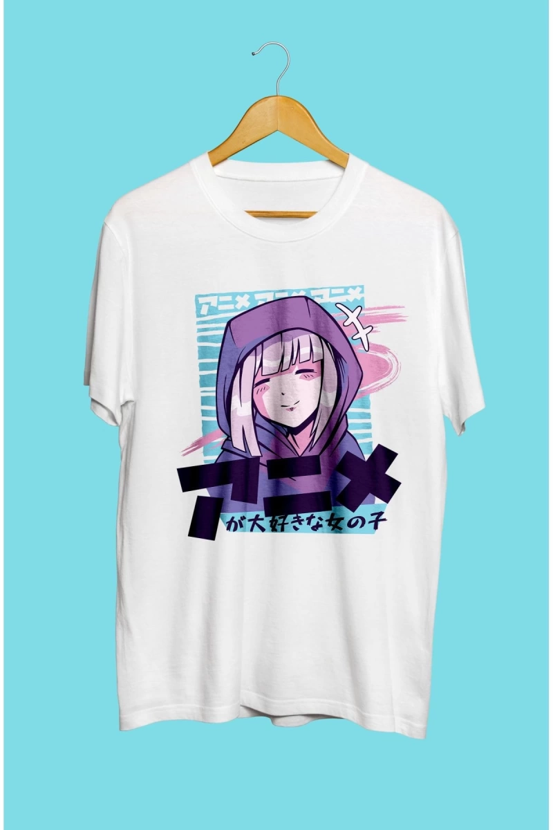 Şirin Anime Kız Manga Japon Çizim Tasarım Baskılı Unisex Tişört