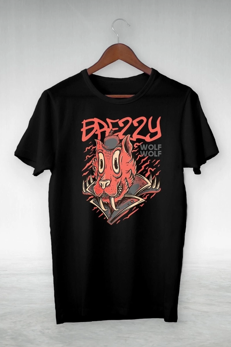 Siyah - Brezzy Wolf- Illustrasyon Çizim - Tshirt Tasarımm Gsc-496