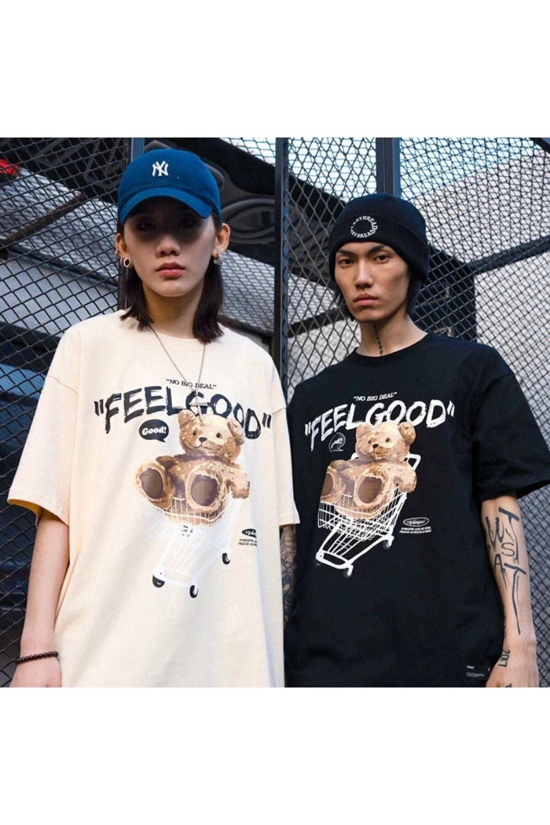 Siyah Feel Good Ayı Baskılı Oversize Bisiklet Yaka Erkek Tişört