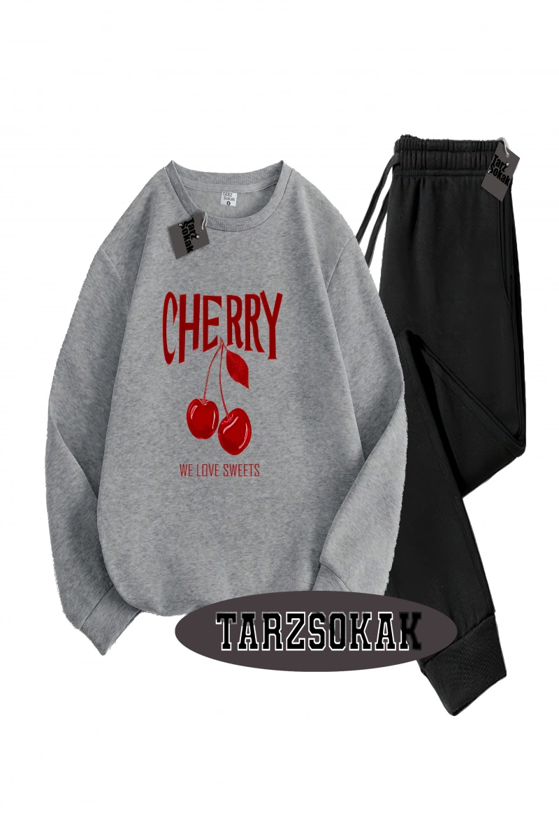 Siyah Kapşonlu Cherry Detaylı ikili TAKIM