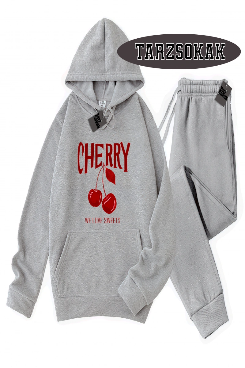Siyah Kapşonlu Cherry Detaylı ikili TAKIM