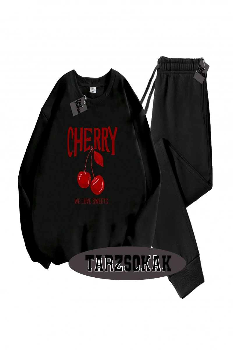 Siyah Kapşonlu Cherry Detaylı ikili TAKIM