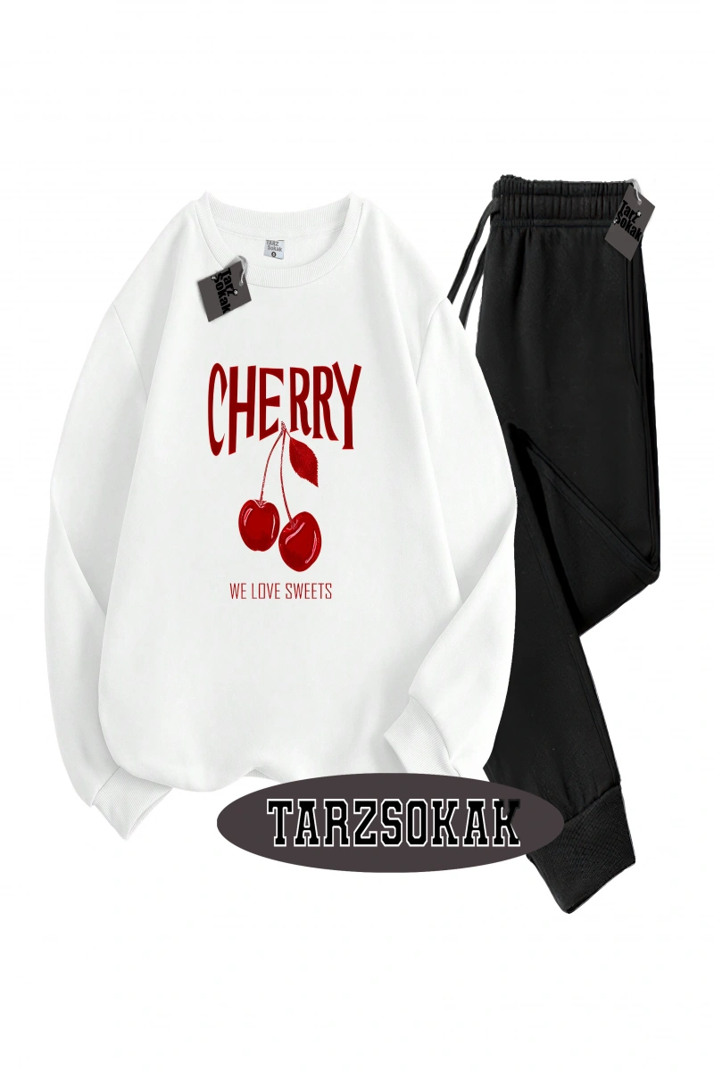 Siyah Kapşonlu Cherry Detaylı ikili TAKIM