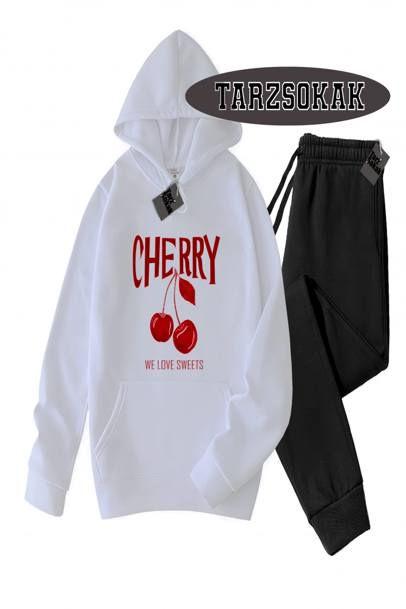 Siyah Kapşonlu Cherry Detaylı ikili TAKIM
