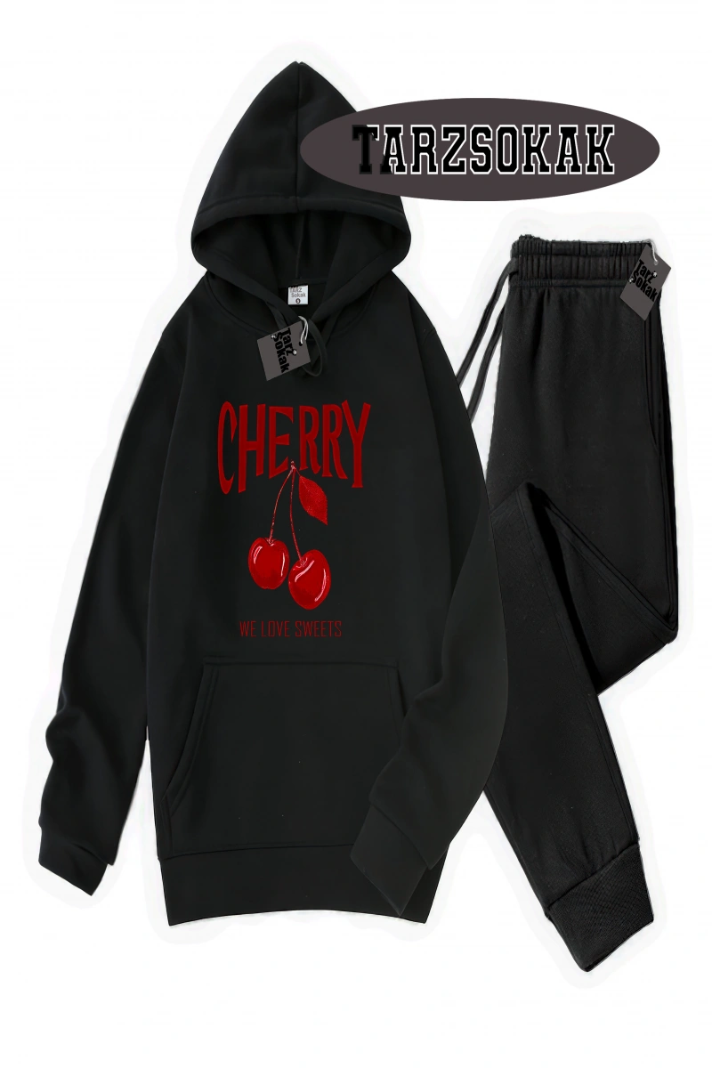 Siyah Kapşonlu Cherry Detaylı ikili TAKIM