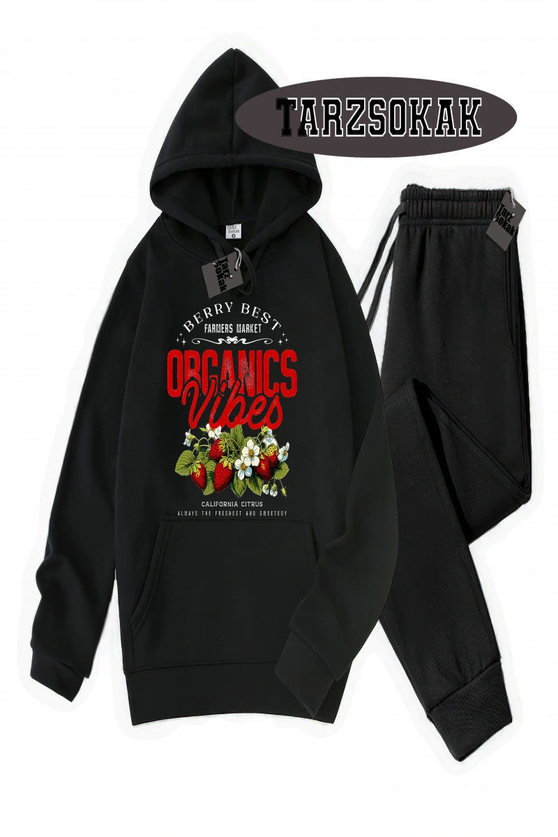 Siyah Kapşonlu Çilek Detaylı ikili TAKIM