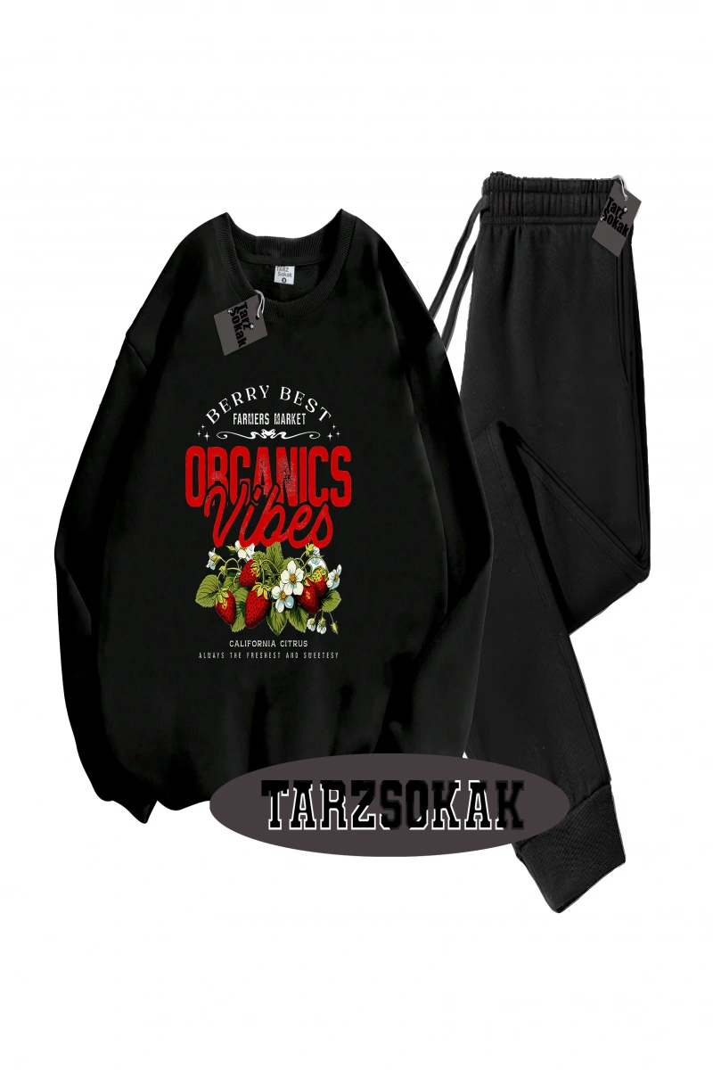 Siyah Kapşonlu Çilek Detaylı ikili TAKIM