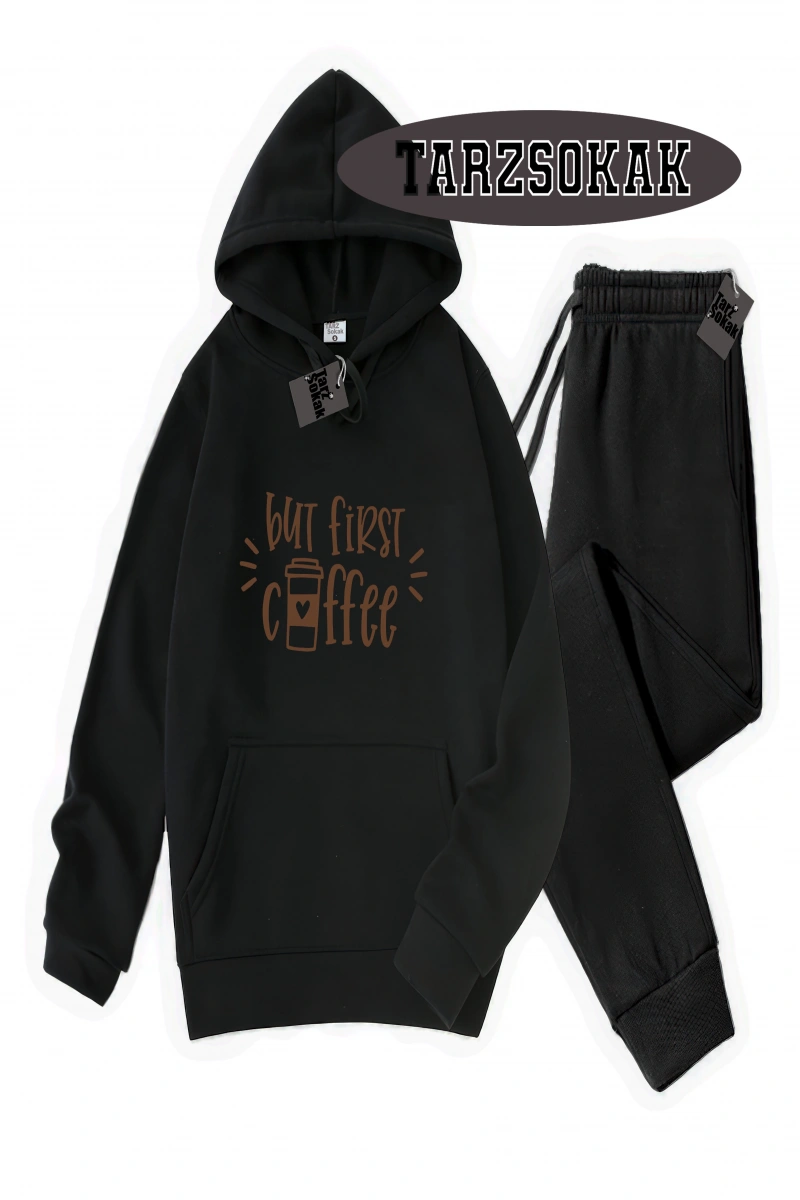 Siyah Kapşonlu Coffee Detaylı ikili TAKIM