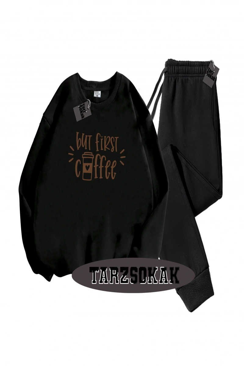 Siyah Kapşonlu Coffee Detaylı ikili TAKIM