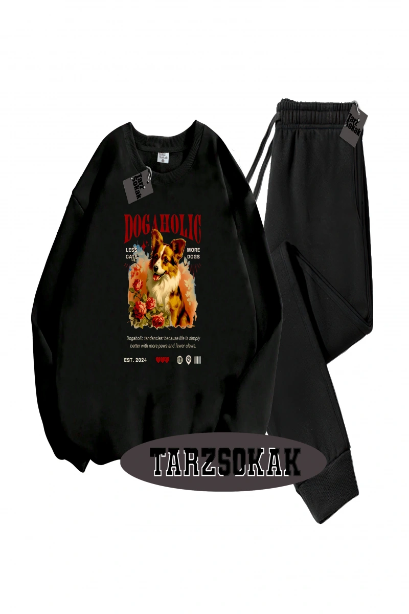 Siyah Kapşonlu Dog Detaylı ikili TAKIM