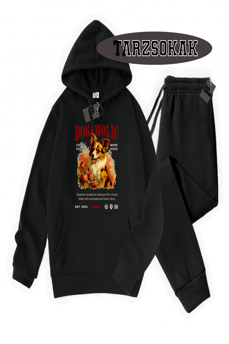 Siyah Kapşonlu Dog Detaylı ikili TAKIM