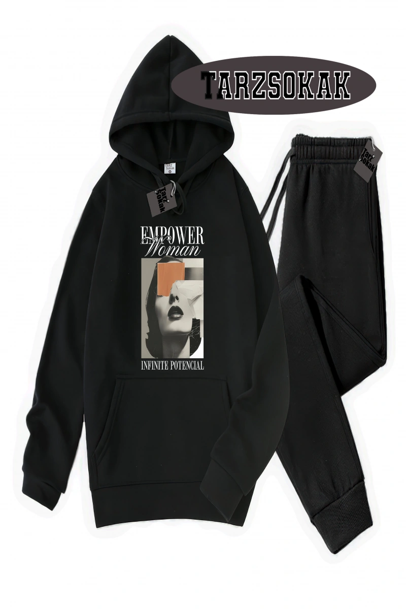 Siyah Kapşonlu EmpoweR Detaylı ikili TAKIM