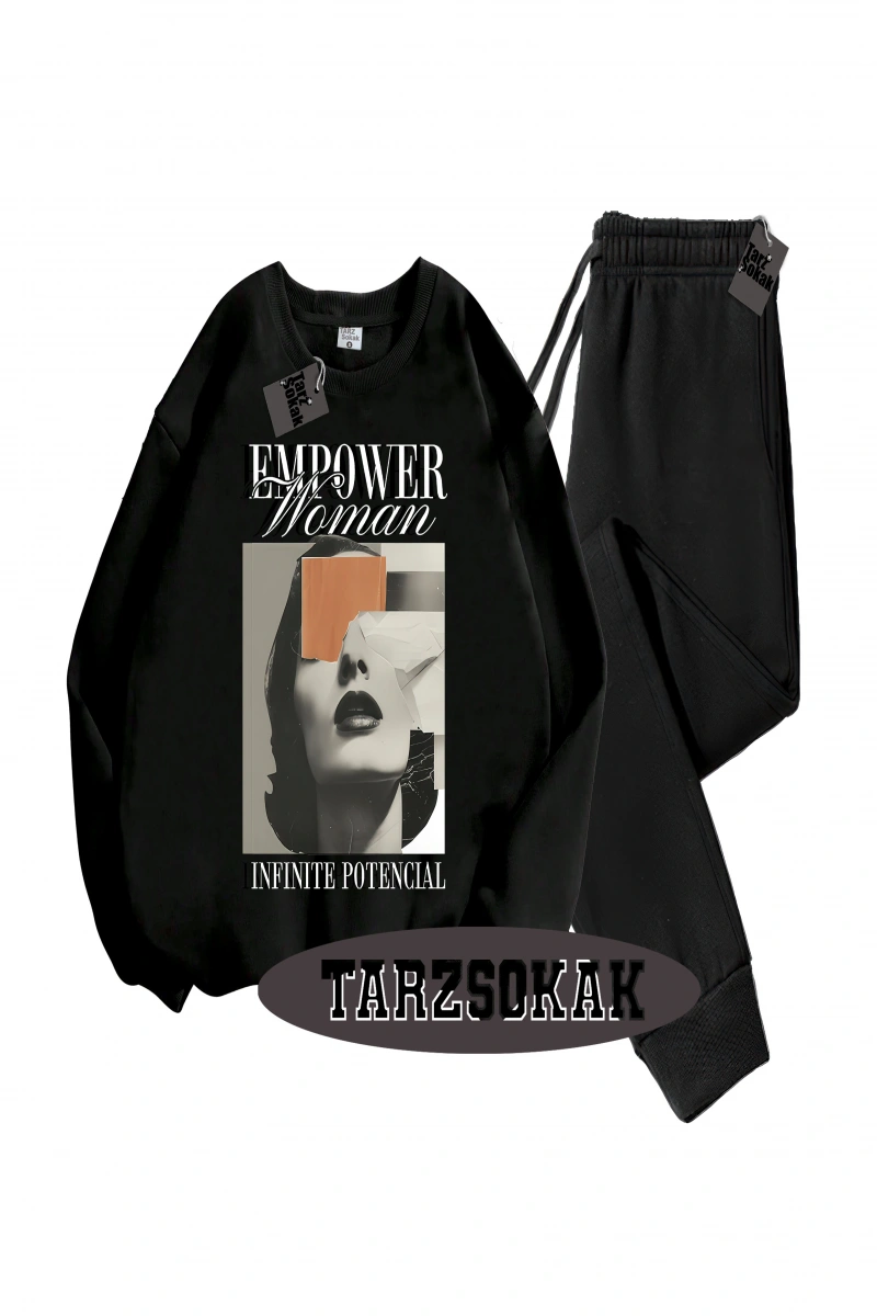 Siyah Kapşonlu EmpoweR Detaylı ikili TAKIM