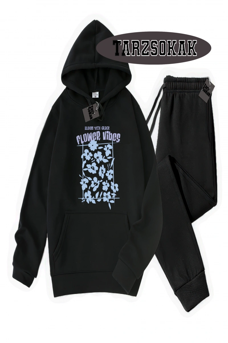 Siyah Kapşonlu Flower Detaylı ikili TAKIM