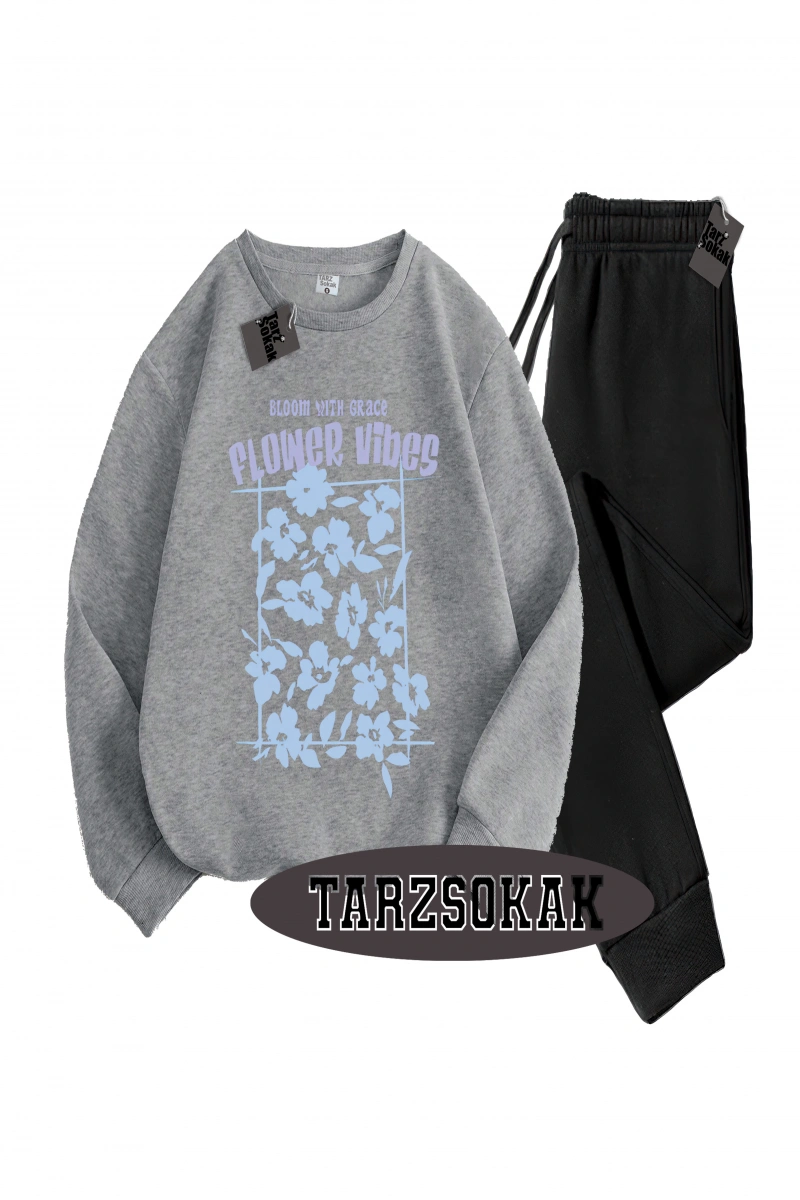 Siyah Kapşonlu Flower Detaylı ikili TAKIM
