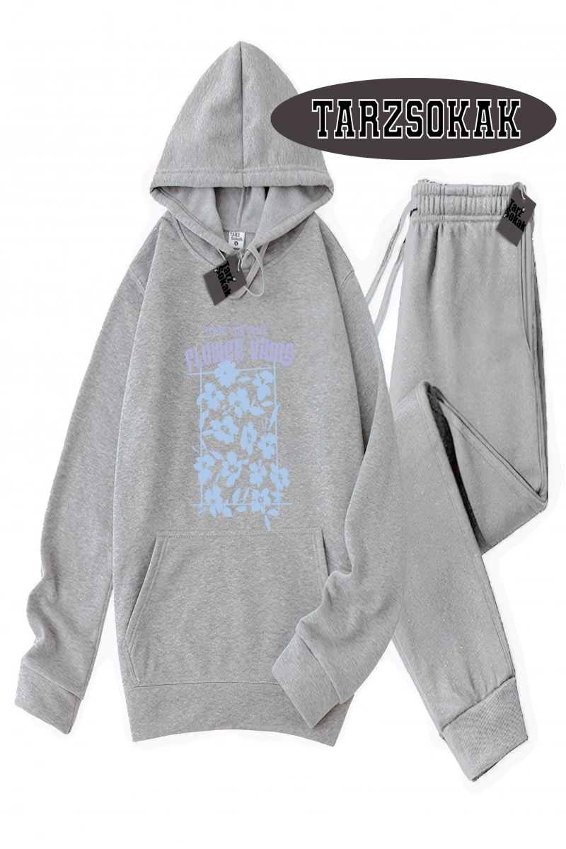 Siyah Kapşonlu Flower Detaylı ikili TAKIM