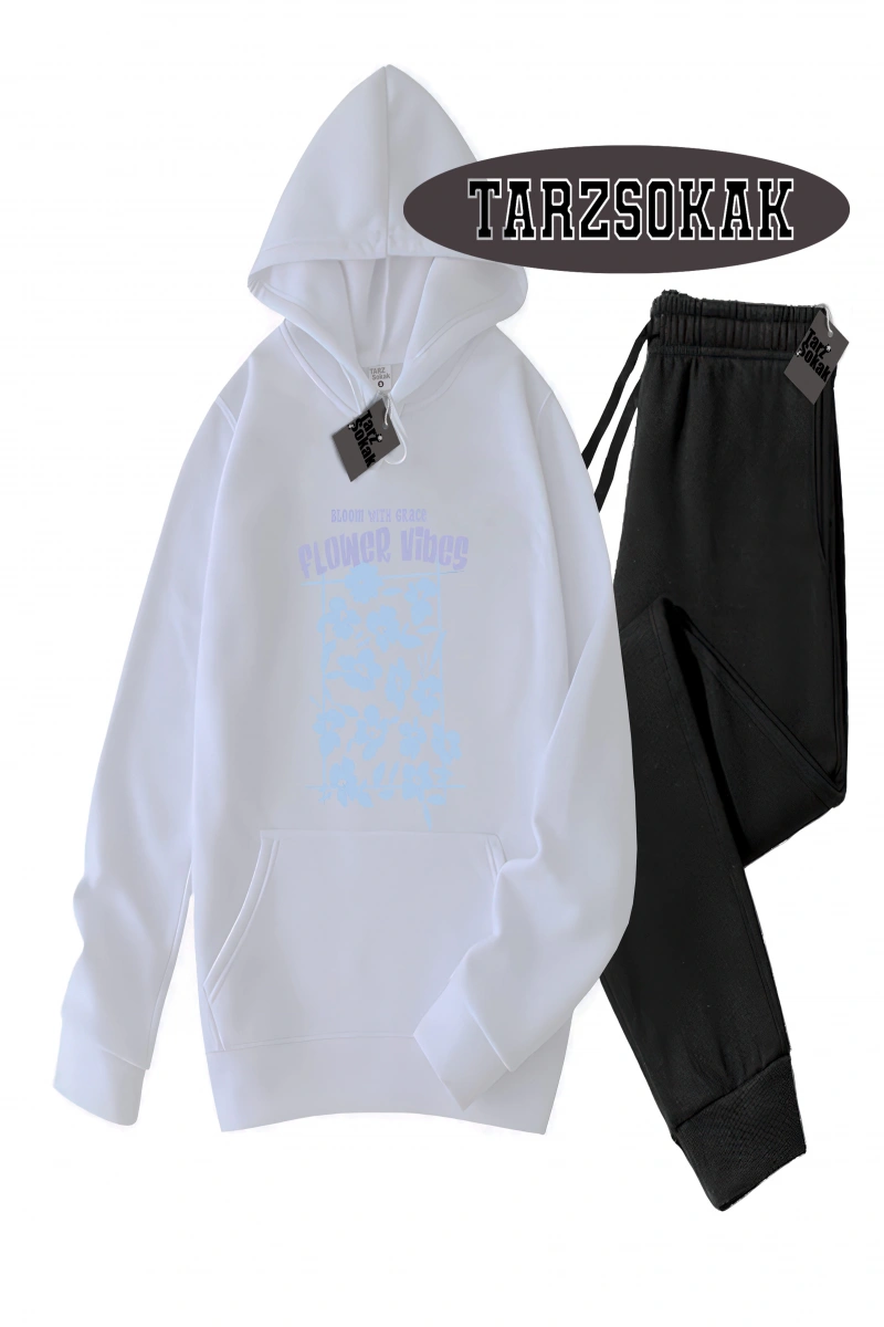 Siyah Kapşonlu Flower Detaylı ikili TAKIM