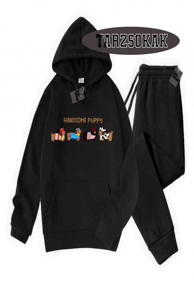 Siyah Kapşonlu Handsome Detaylı ikili TAKIM