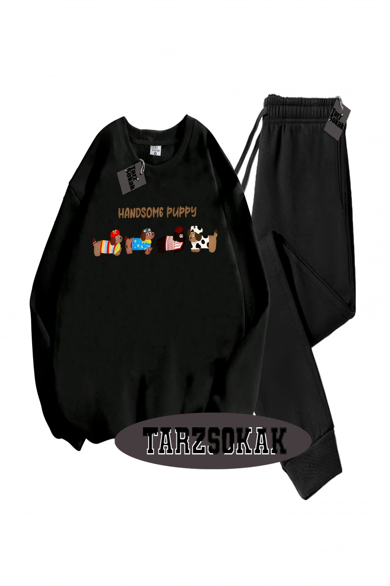 Siyah Kapşonlu Handsome Detaylı ikili TAKIM