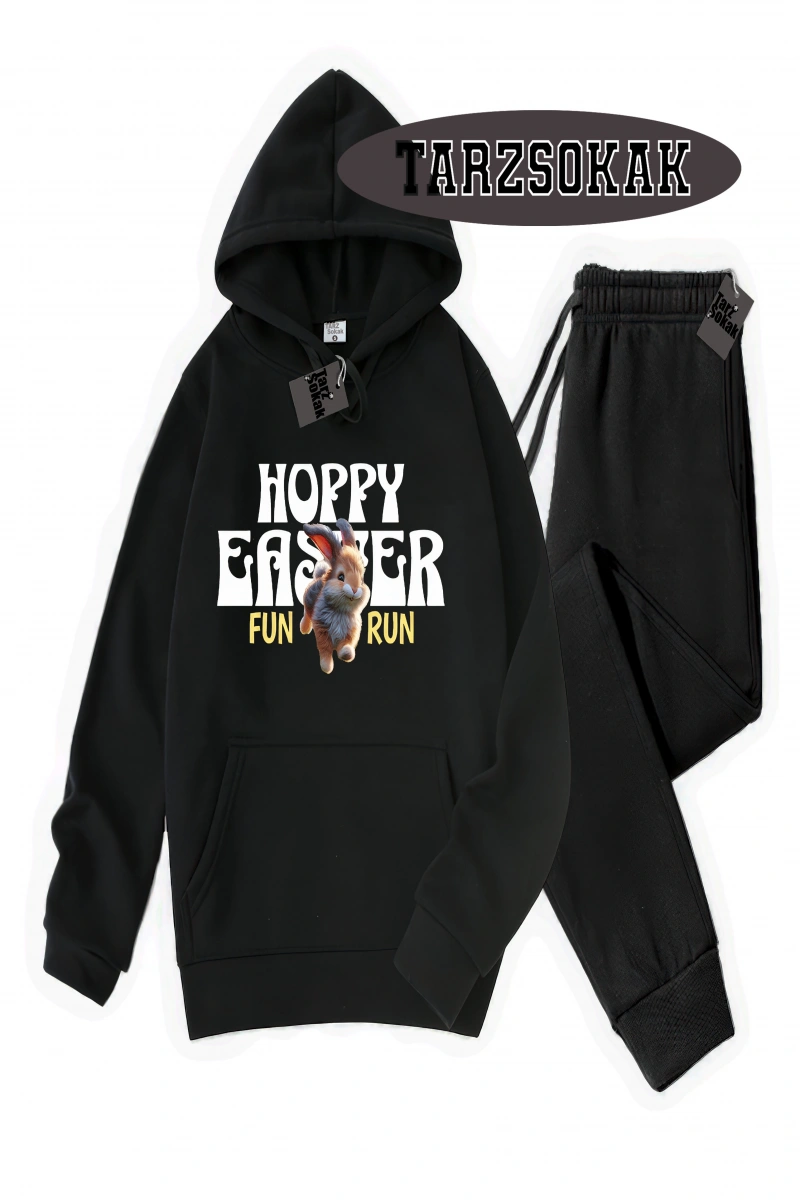Siyah Kapşonlu Hoppy Detaylı ikili TAKIM