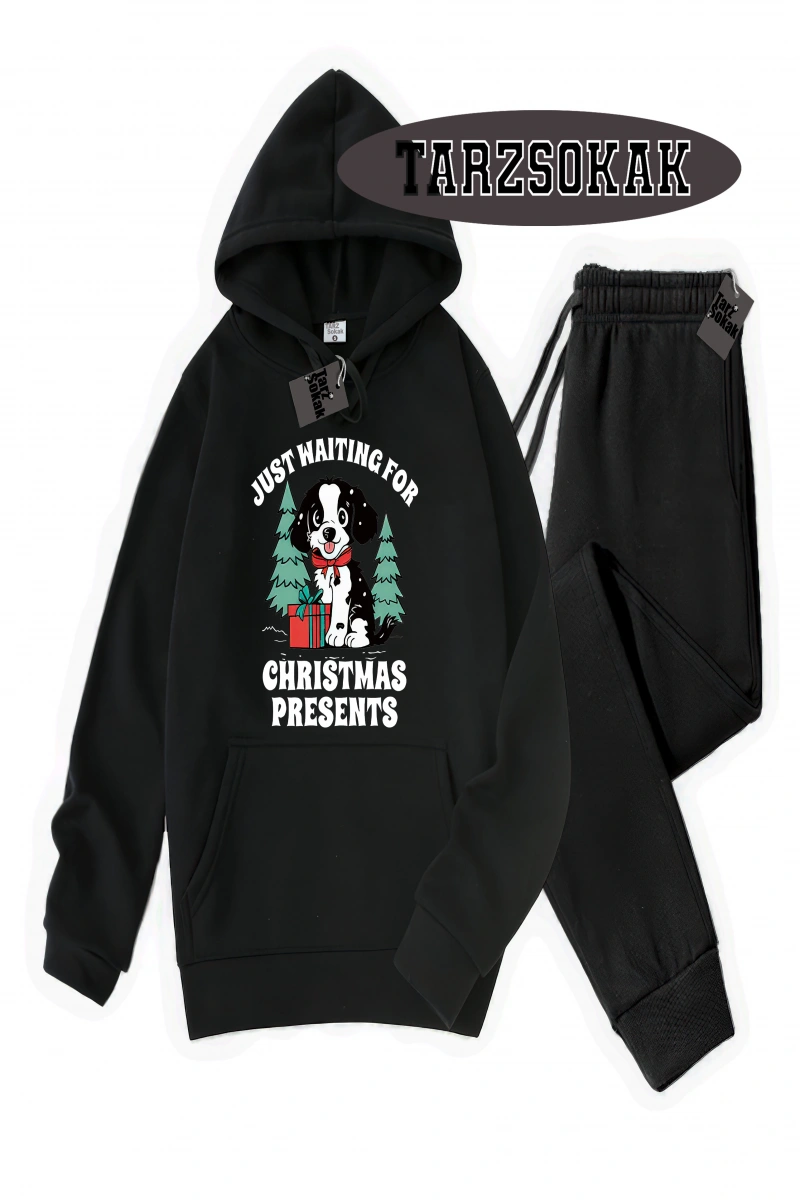 Siyah Kapşonlu Just waıtıng Detaylı ikili TAKIM