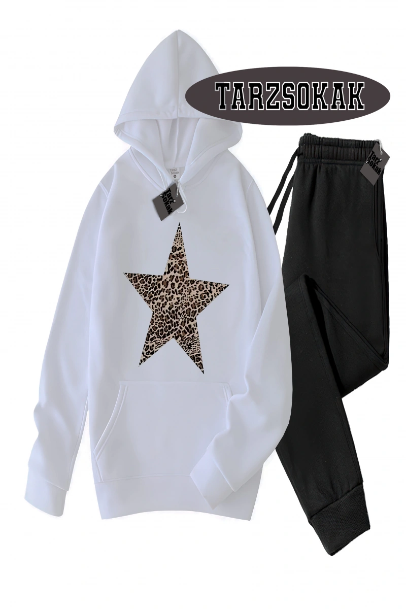 Siyah Kapşonlu Leopar Yıldız Detaylı ikili TAKIM