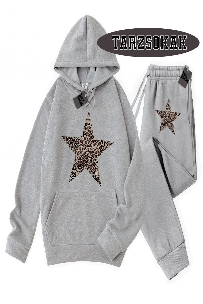 Siyah Kapşonlu Leopar Yıldız Detaylı ikili TAKIM