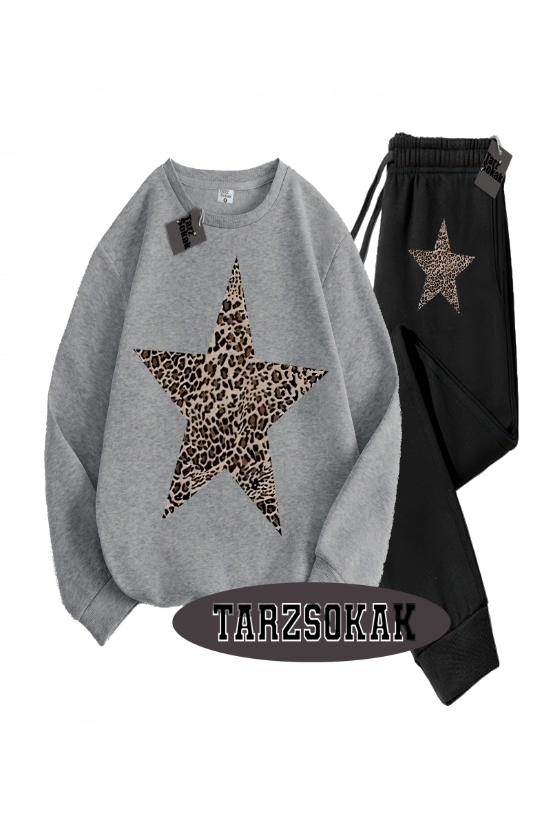 Siyah Kapşonlu Leopar Yıldız Detaylı ikili TAKIM