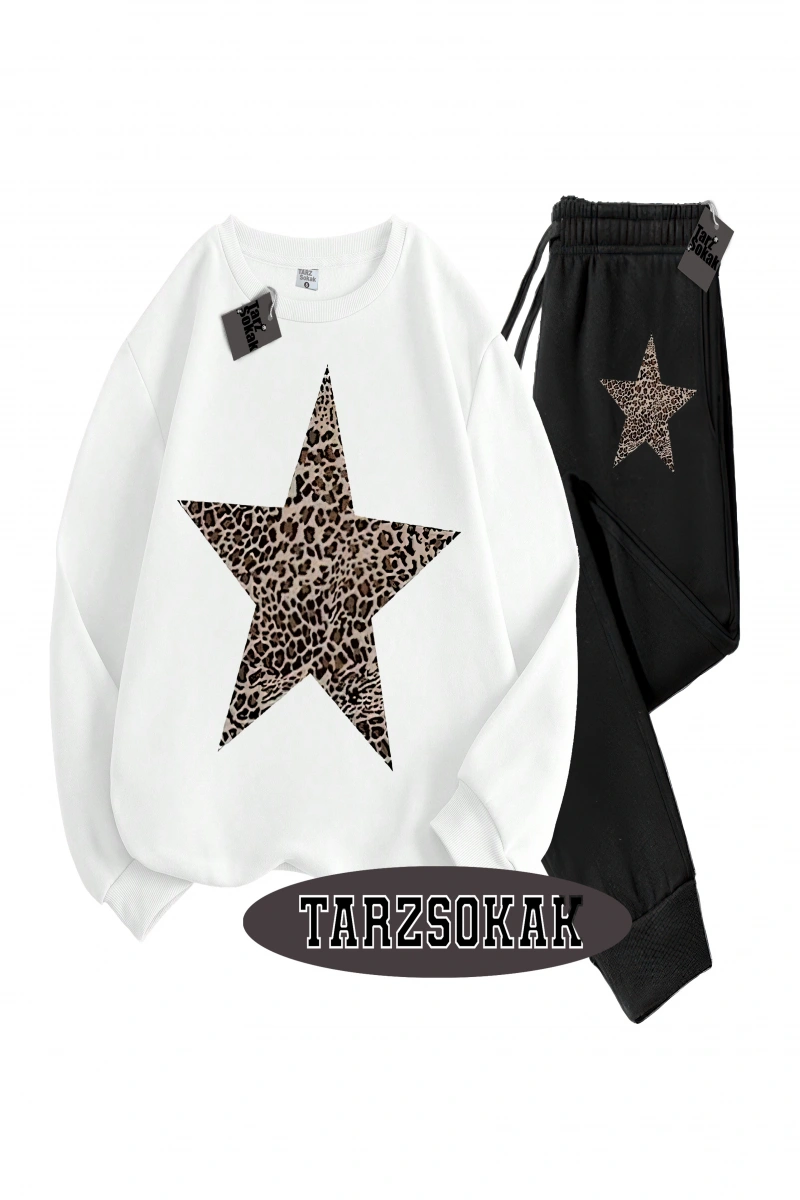Siyah Kapşonlu Leopar Yıldız Detaylı ikili TAKIM