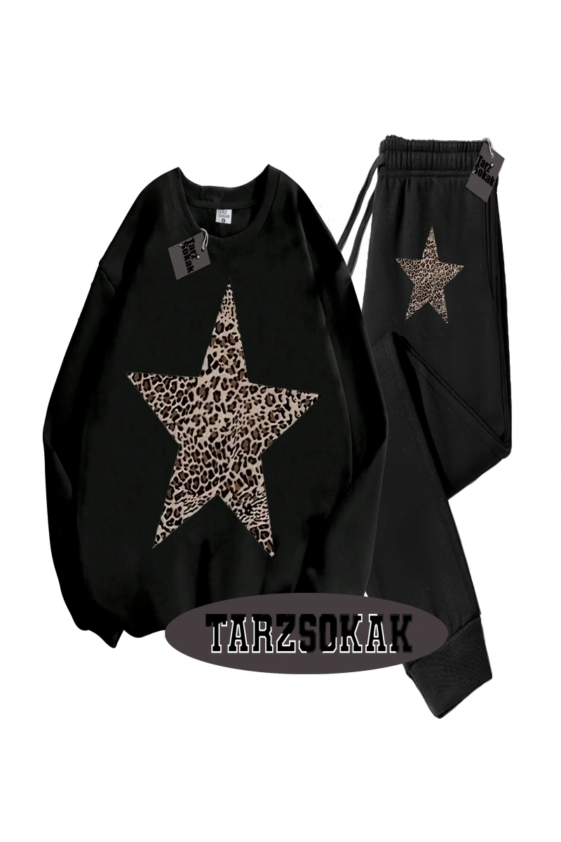Siyah Kapşonlu Leopar Yıldız Detaylı ikili TAKIM