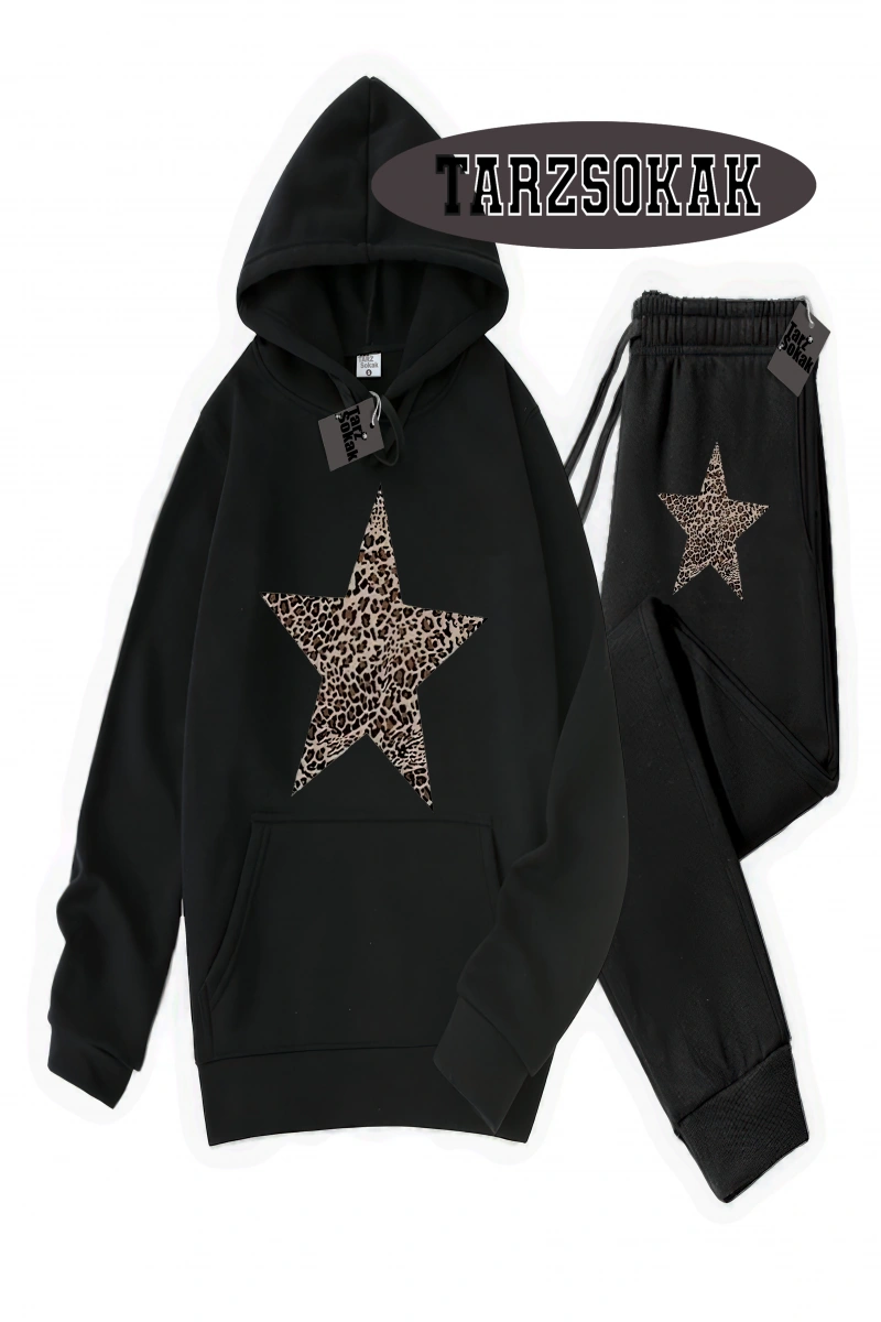 Siyah Kapşonlu Leopar Yıldız Detaylı ikili TAKIM