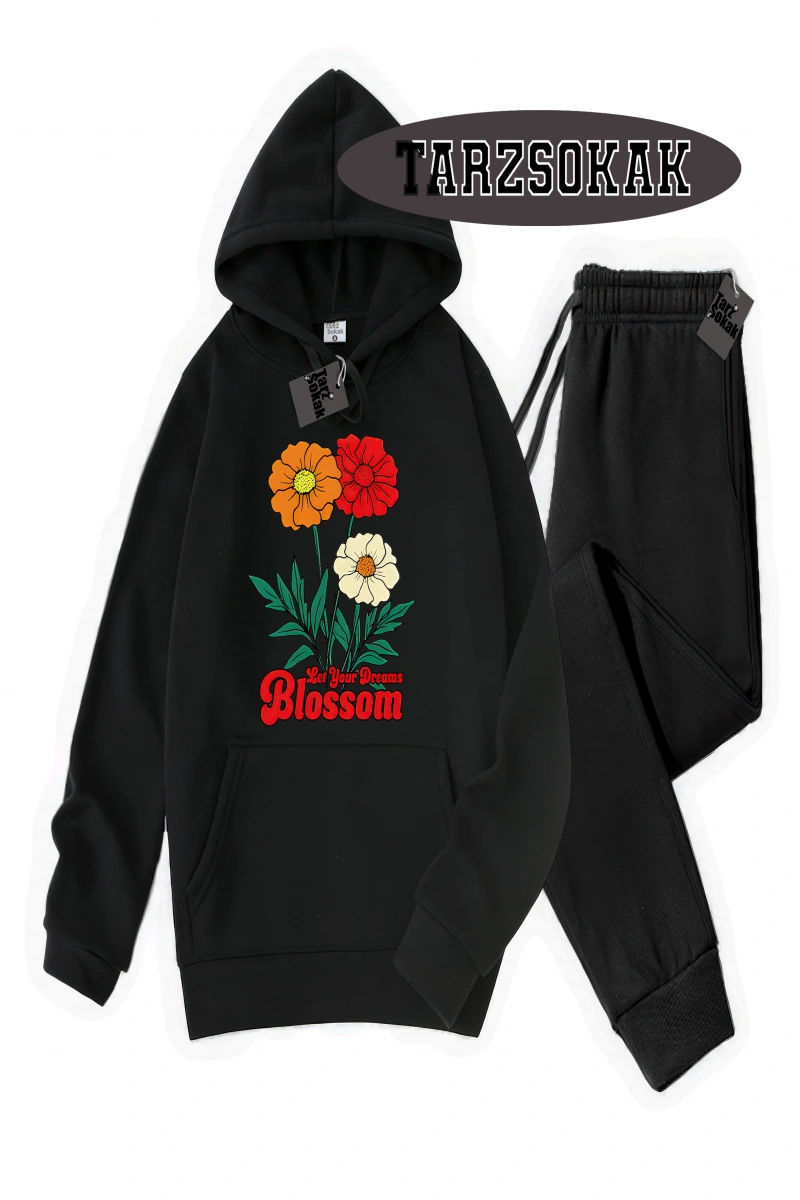 Siyah Kapşonlu Let your dreams blossom Detaylı ikili TAKIM