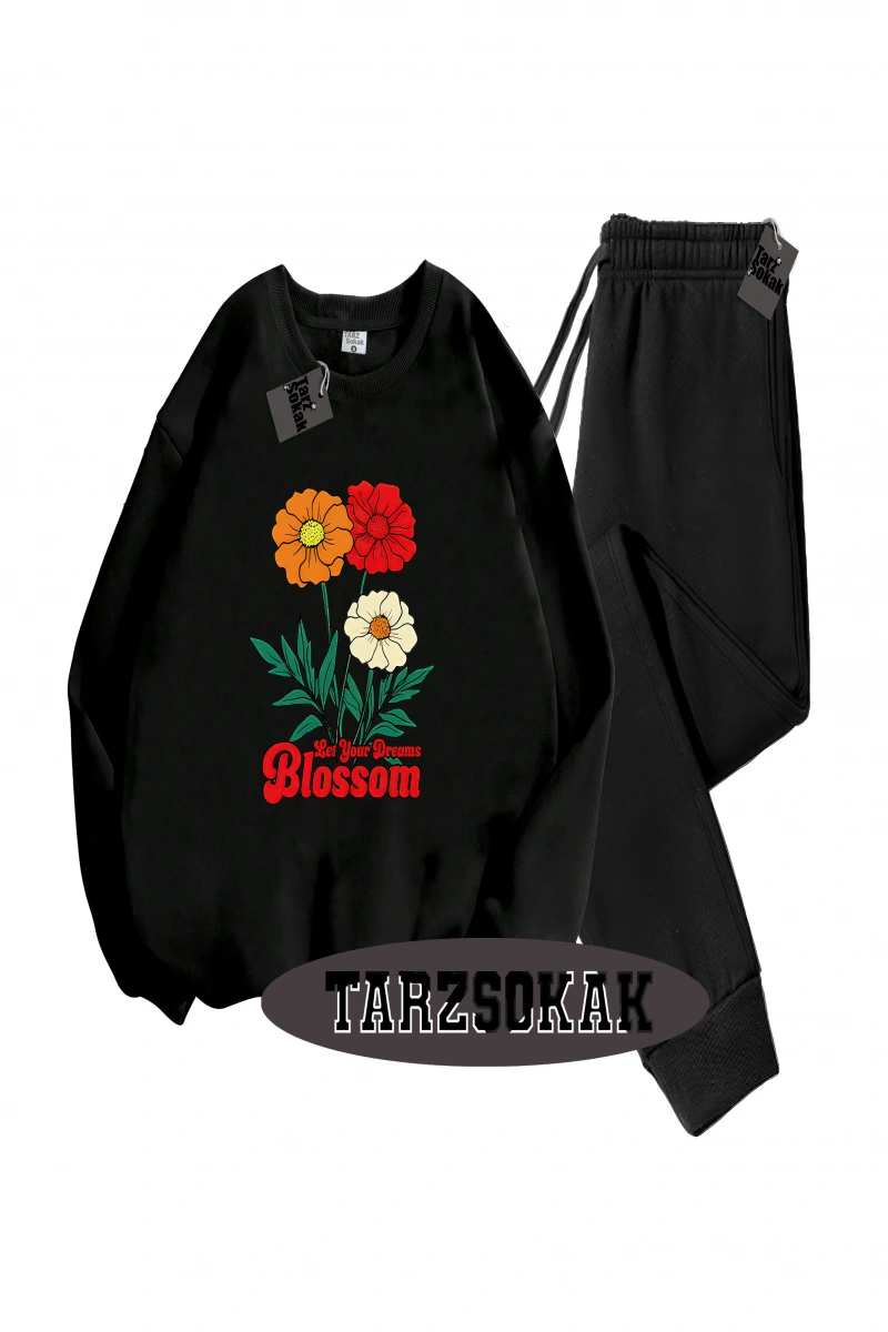 Siyah Kapşonlu Let your dreams blossom Detaylı ikili TAKIM